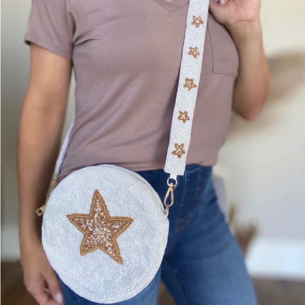 Gold star white beaded purse